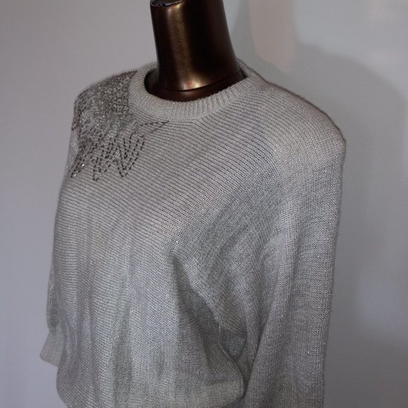 crew-neck silver metalic thread acrylic sweater sequin and beaded vintage 1980s - Picture 5 of 16